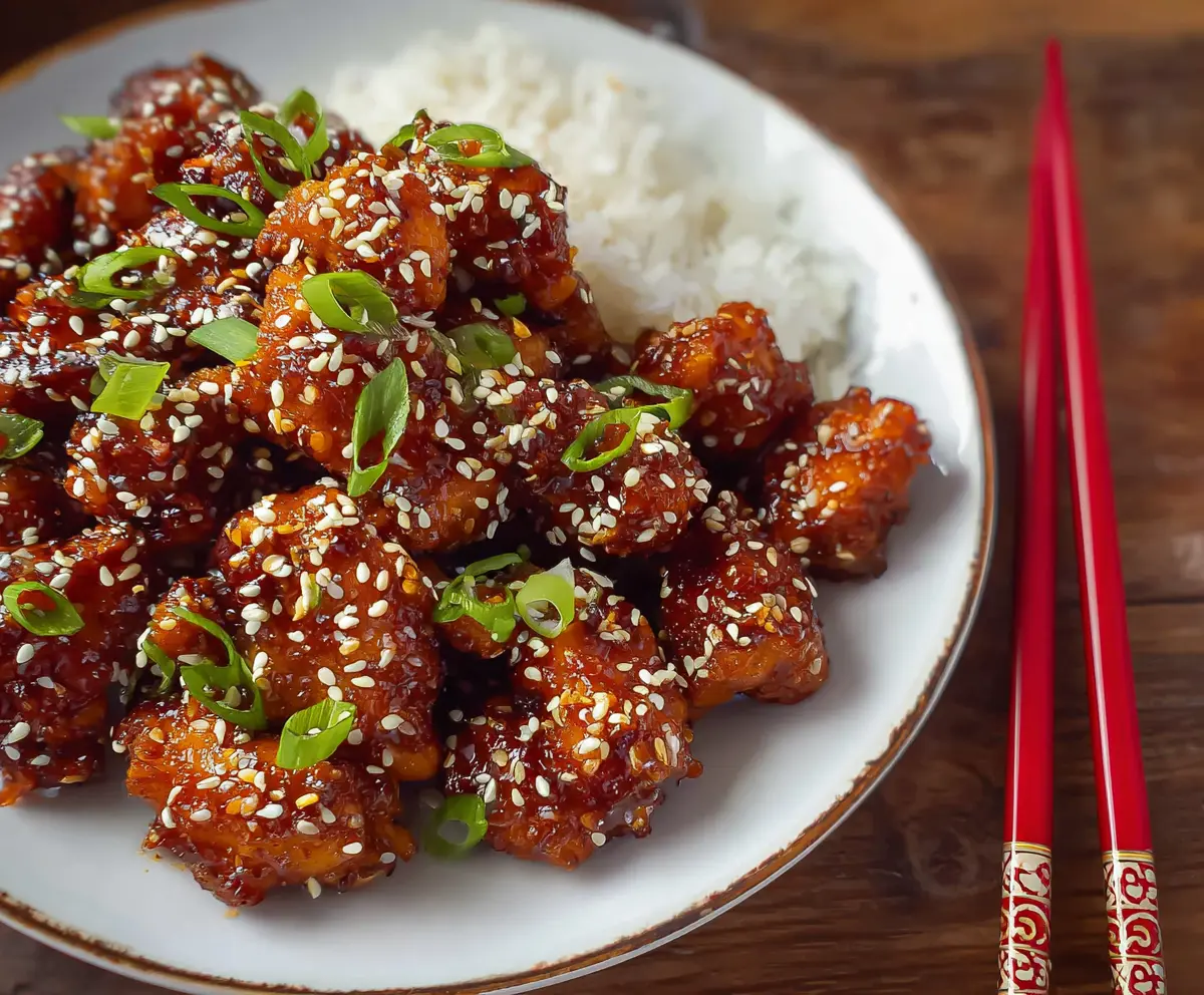 Delicious sesame chicken stir-fry topped with sesame seeds served on a white plate.