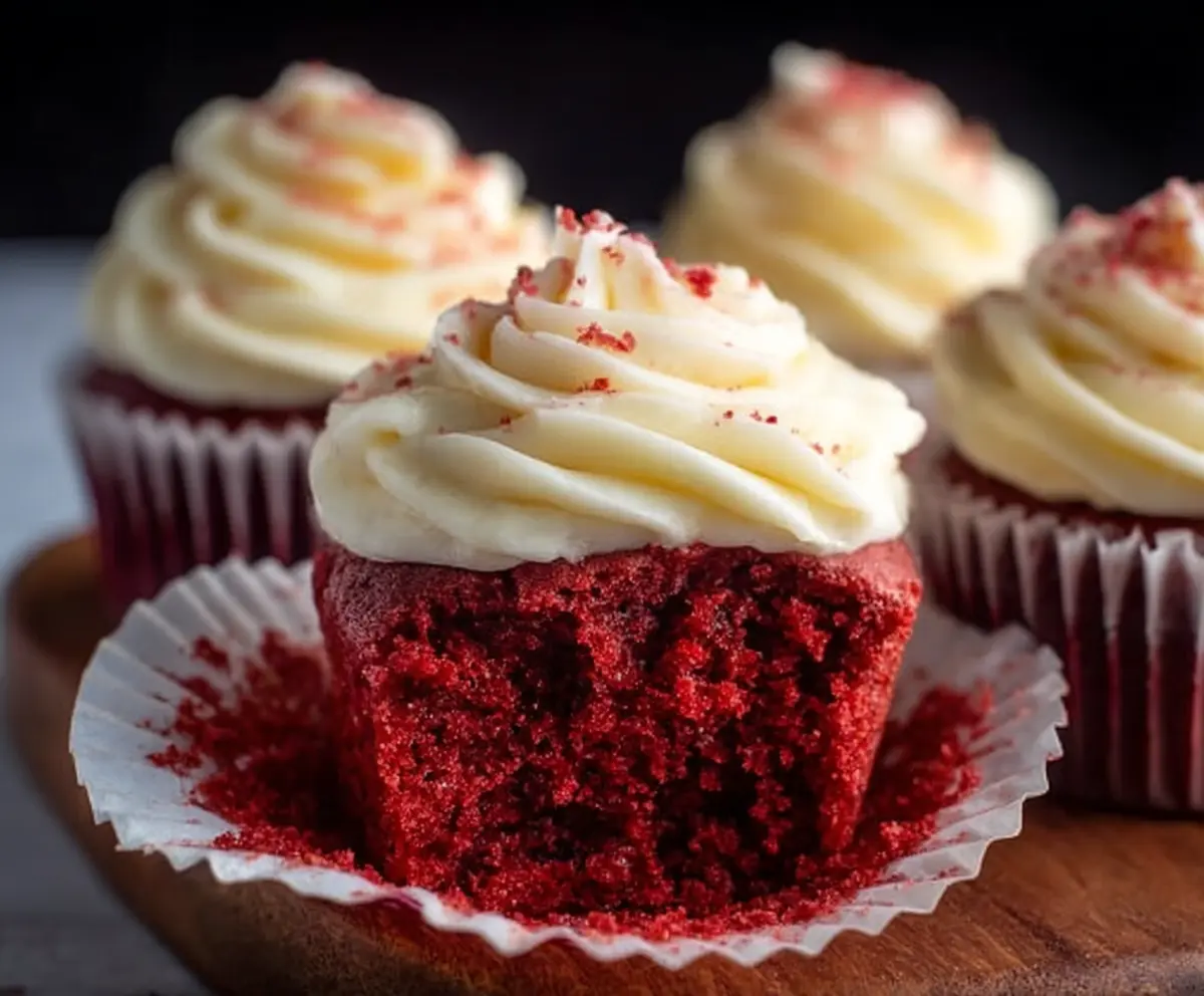 Delicious small batch red velvet cupcakes with cream cheese frosting on a plate.