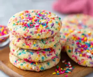 Delicious sprinkle cookies with colorful sprinkles on a rustic plate.