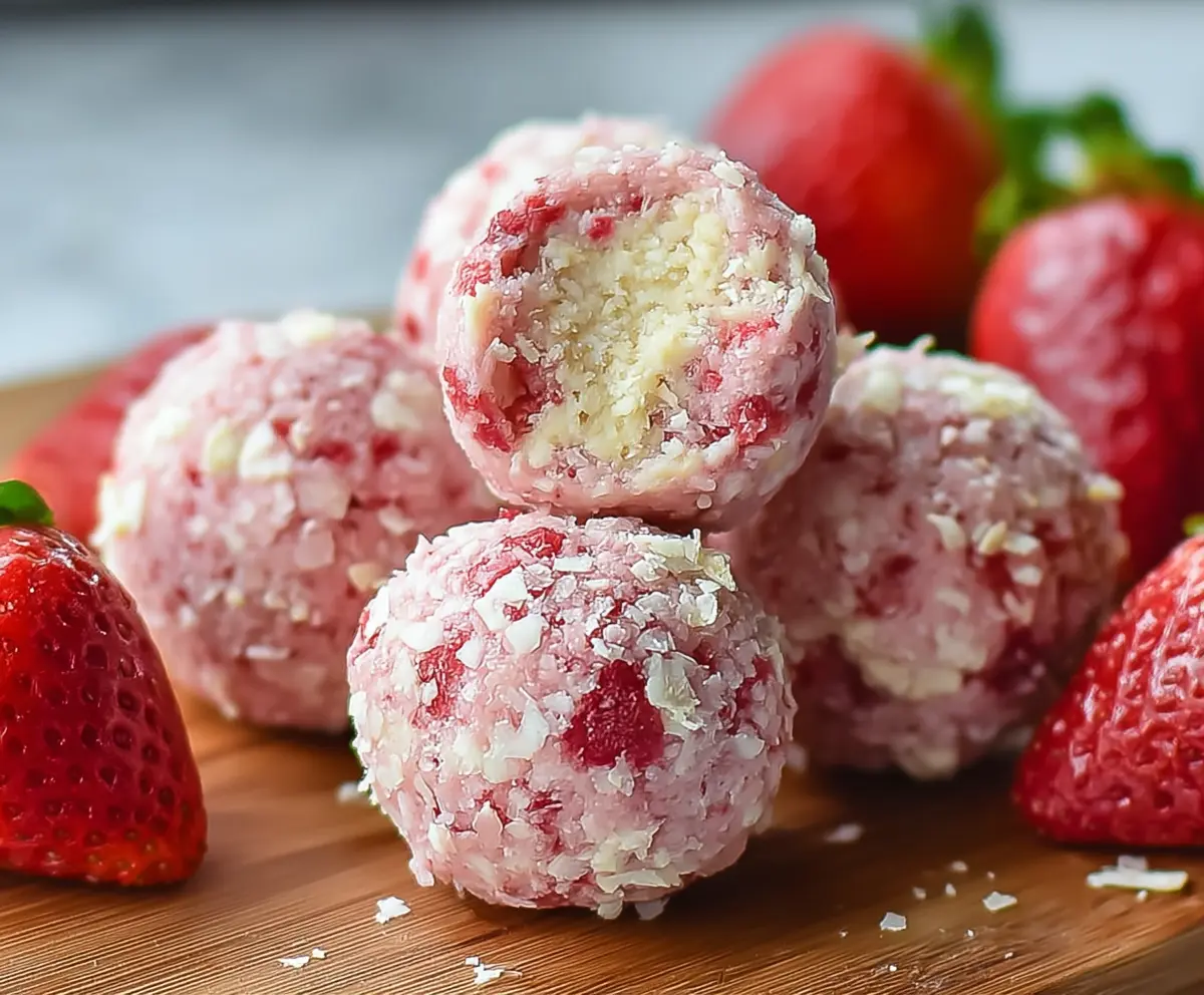Delicious strawberry cheesecake protein balls garnished with fresh strawberries and a drizzle of glaze.