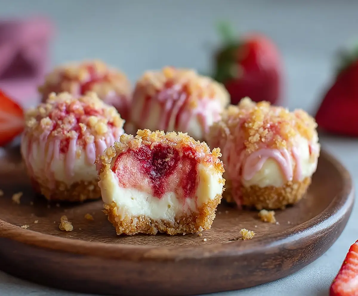 Delicious Strawberry Crunch Cheesecake Bites with a creamy filling and crunchy topping, perfect for dessert lovers.