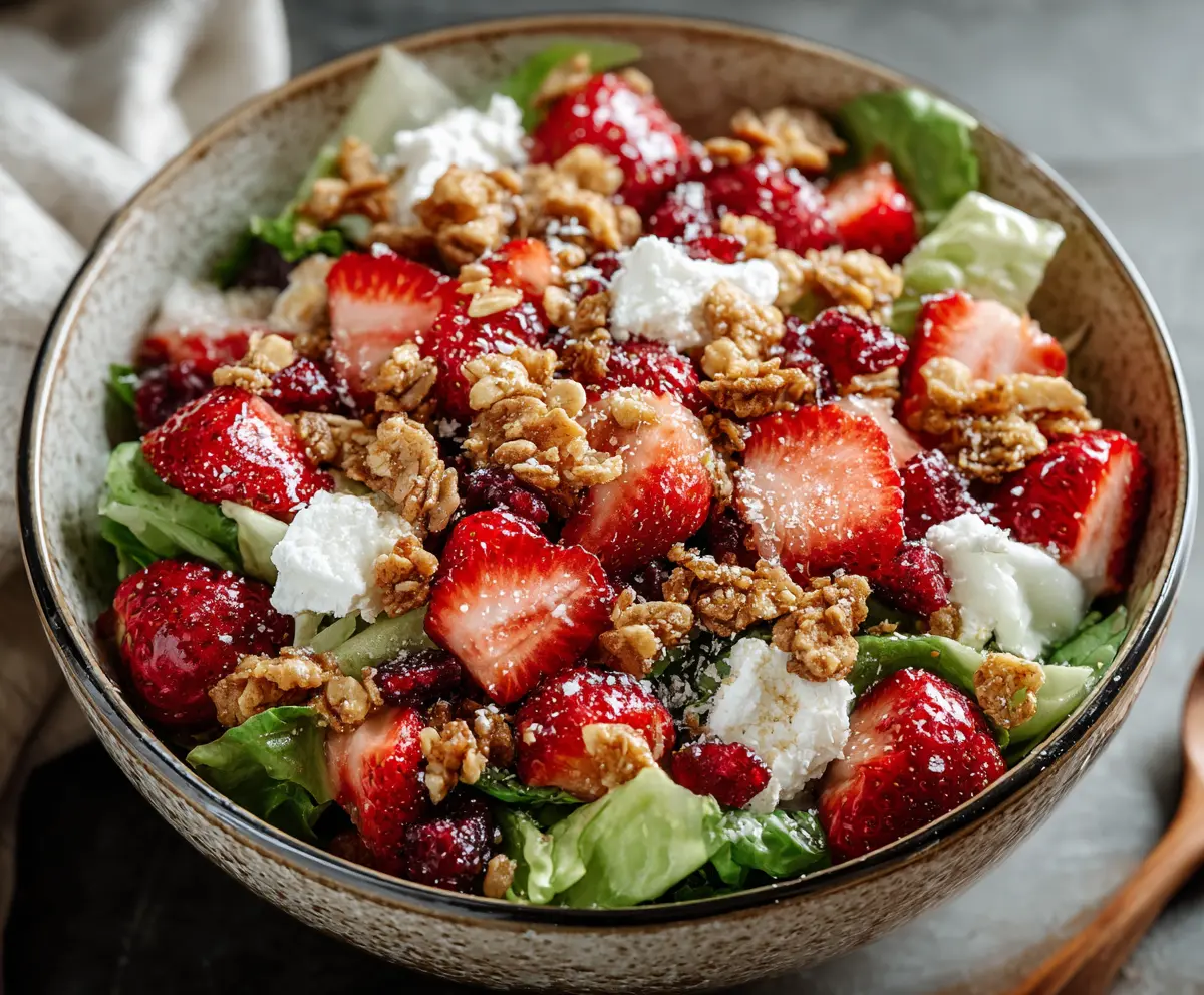 Fresh Strawberry Crunch Salad with whipped cream and crunchy toppings in a clear glass bowl.