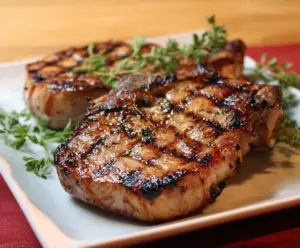 Juicy grilled hickory pork chops with grill marks served on a platter