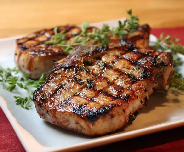 Juicy grilled hickory pork chops with grill marks served on a platter