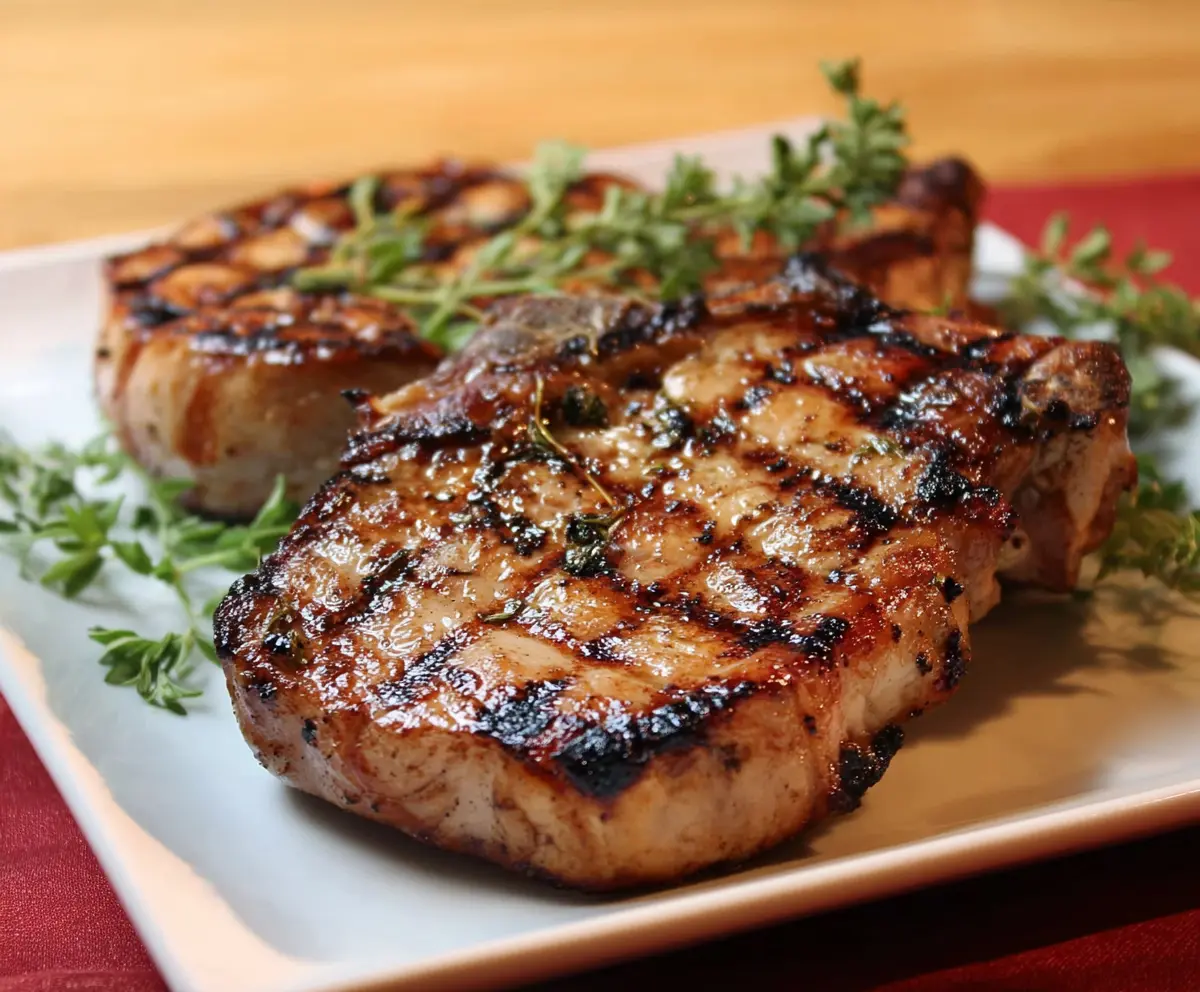 Juicy grilled hickory pork chops with grill marks served on a platter
