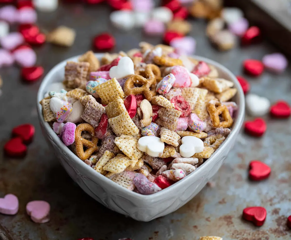 Valentine Chex Mix with colorful candies and heart-shaped decorations for a festive holiday snack