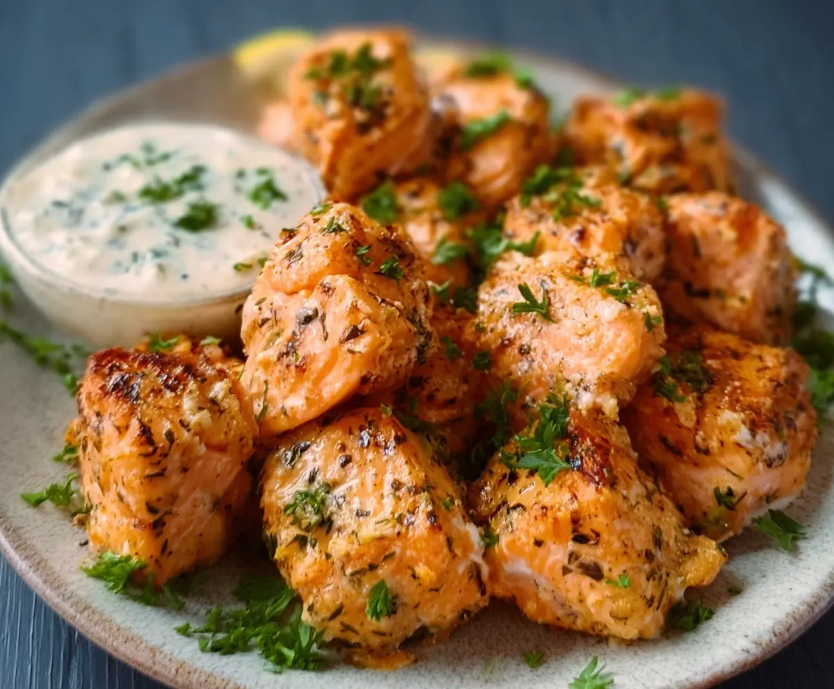 Air Fryer Salmon Bites with Garlic Cream Sauce