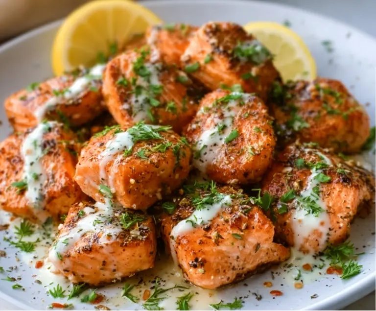 Delicious Air Fryer Salmon Bites served with a creamy garlic sauce on a white plate.
