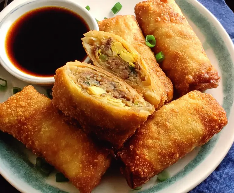 Crispy and golden authentic Chinese egg rolls filled with seasoned vegetables and meat.