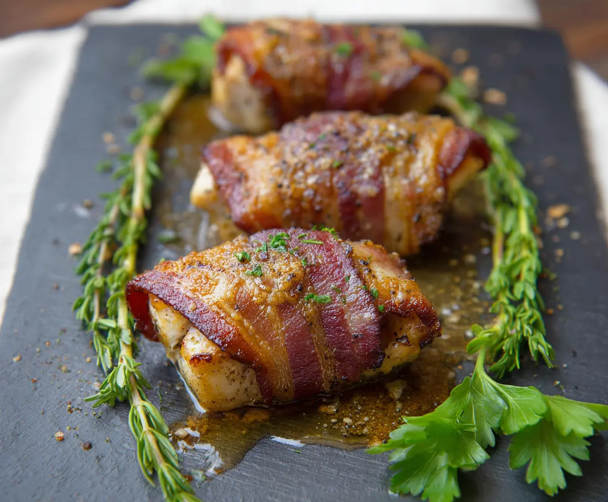 Delicious bacon-wrapped mahi-mahi fillet garnished with herbs on a white plate