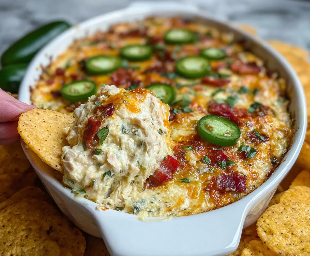 Delicious Baked Chuy's Jalapeno Chicken Dip served in a bowl with crispy nachos on the side.