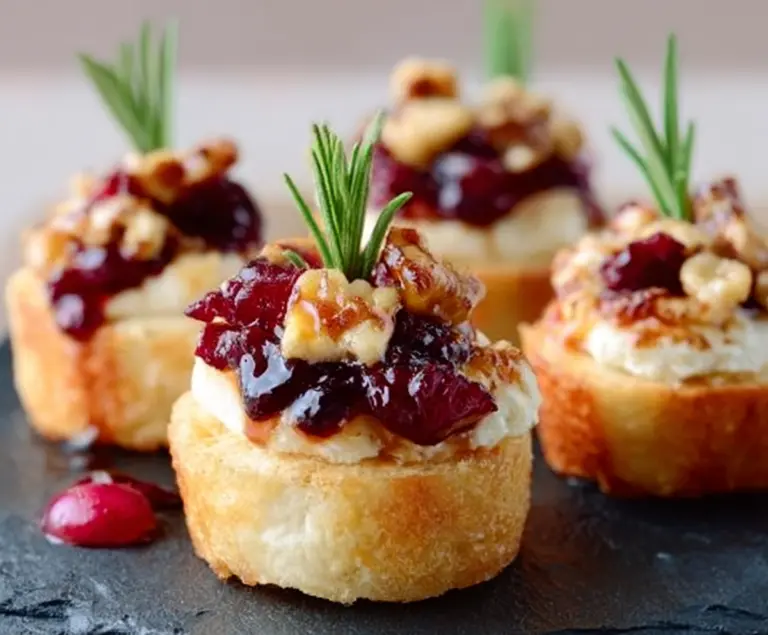 Delicious Balsamic Cranberry Brie Bites garnished with fresh herbs on a wooden serving board.