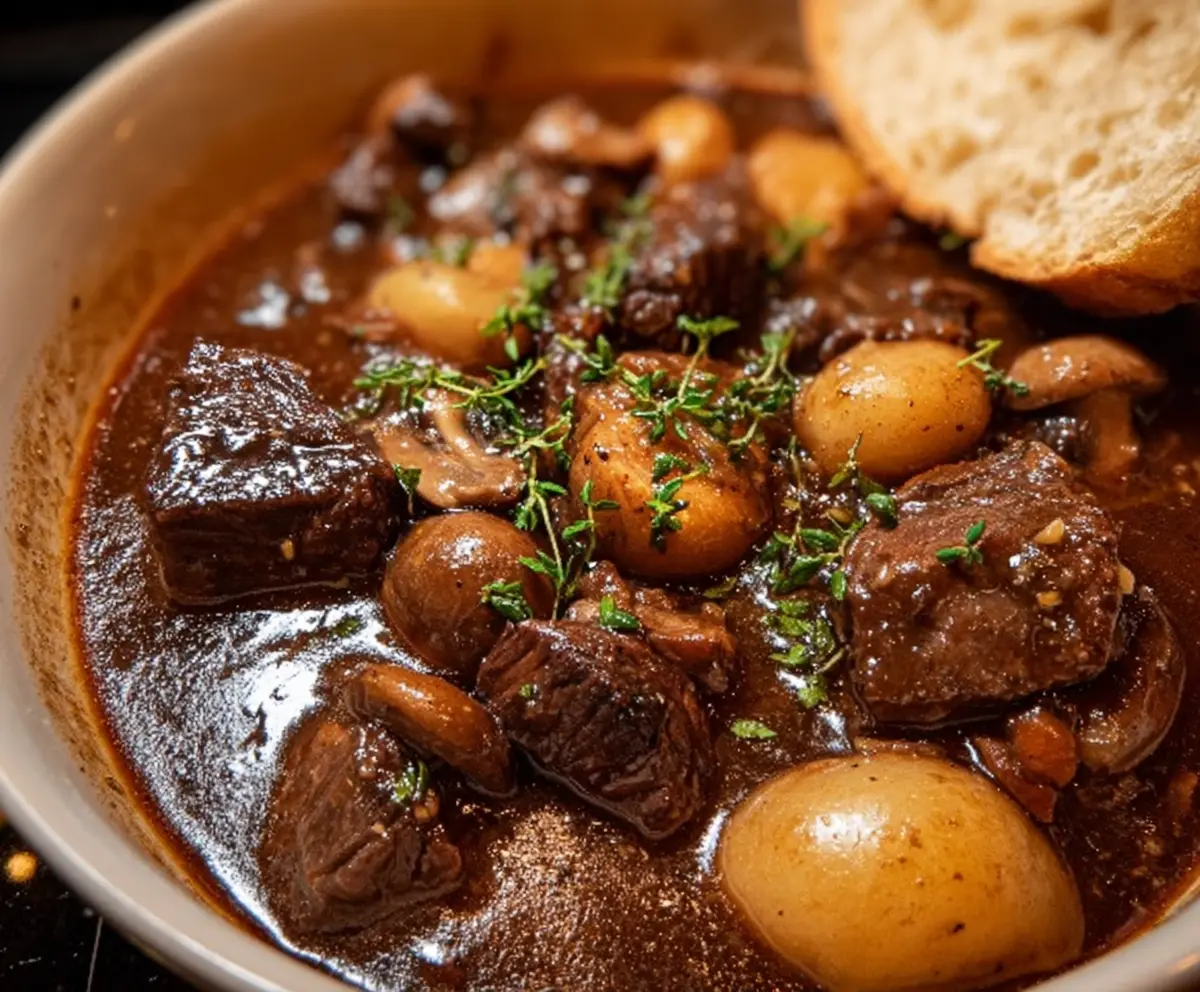 Delicious Beef Bourguignon served with fresh herbs and vegetables in a rustic bowl.
