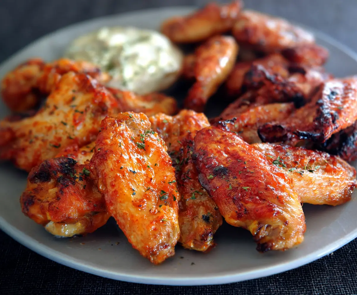 Crispy Buffalo Wings with spicy buffalo sauce served with celery sticks on a plate
