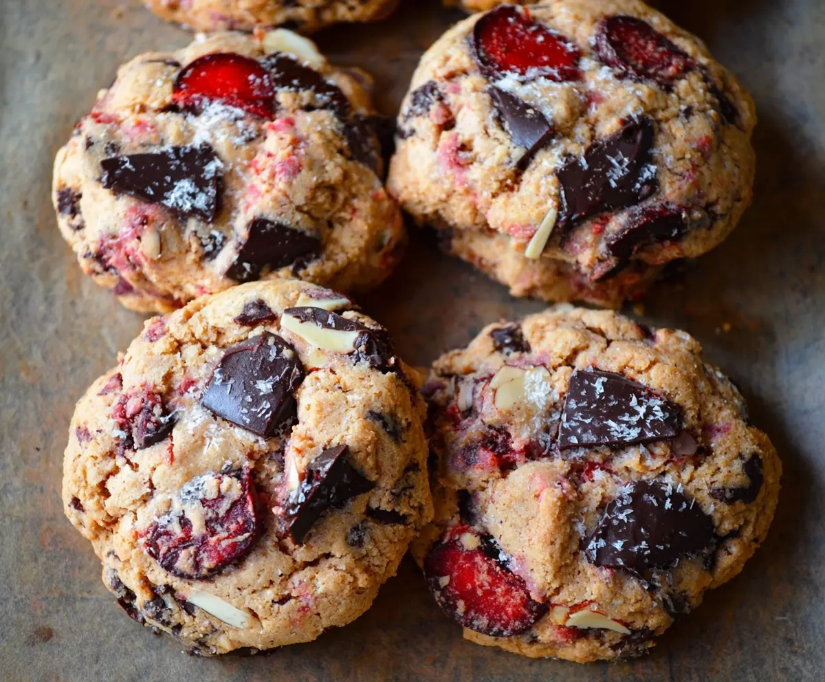 Delicious cherry and almond chocolate chip cookies on a baking tray, perfect for dessert lovers.