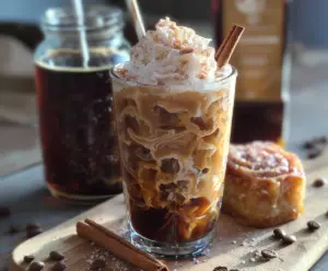 A refreshing glass of creamy cinnamon roll cold brew with a swirl of cinnamon and whipped cream on top.