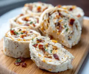 Delicious Creamy Crack Chicken Pinwheels with melted cheese and crispy edges on a serving platter.