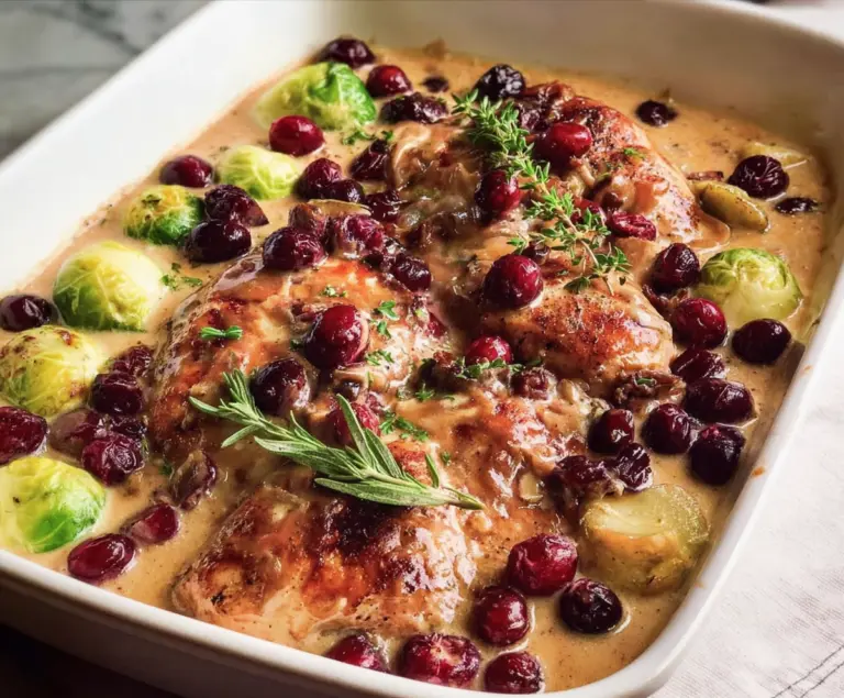 Delicious creamy cranberry chicken served on a plate with fresh herbs.