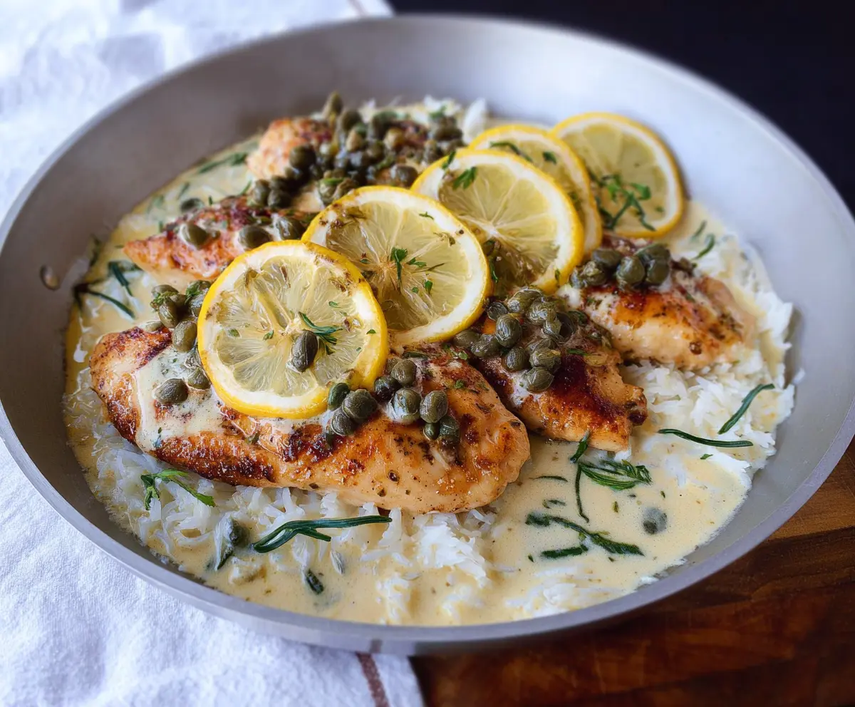 Delicious creamy lemon caper chicken served on a white plate with fresh herbs.