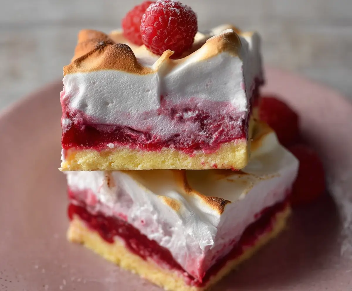 Delicious Double Raspberry Meringue Bars with fresh raspberries and crispy meringue layers
