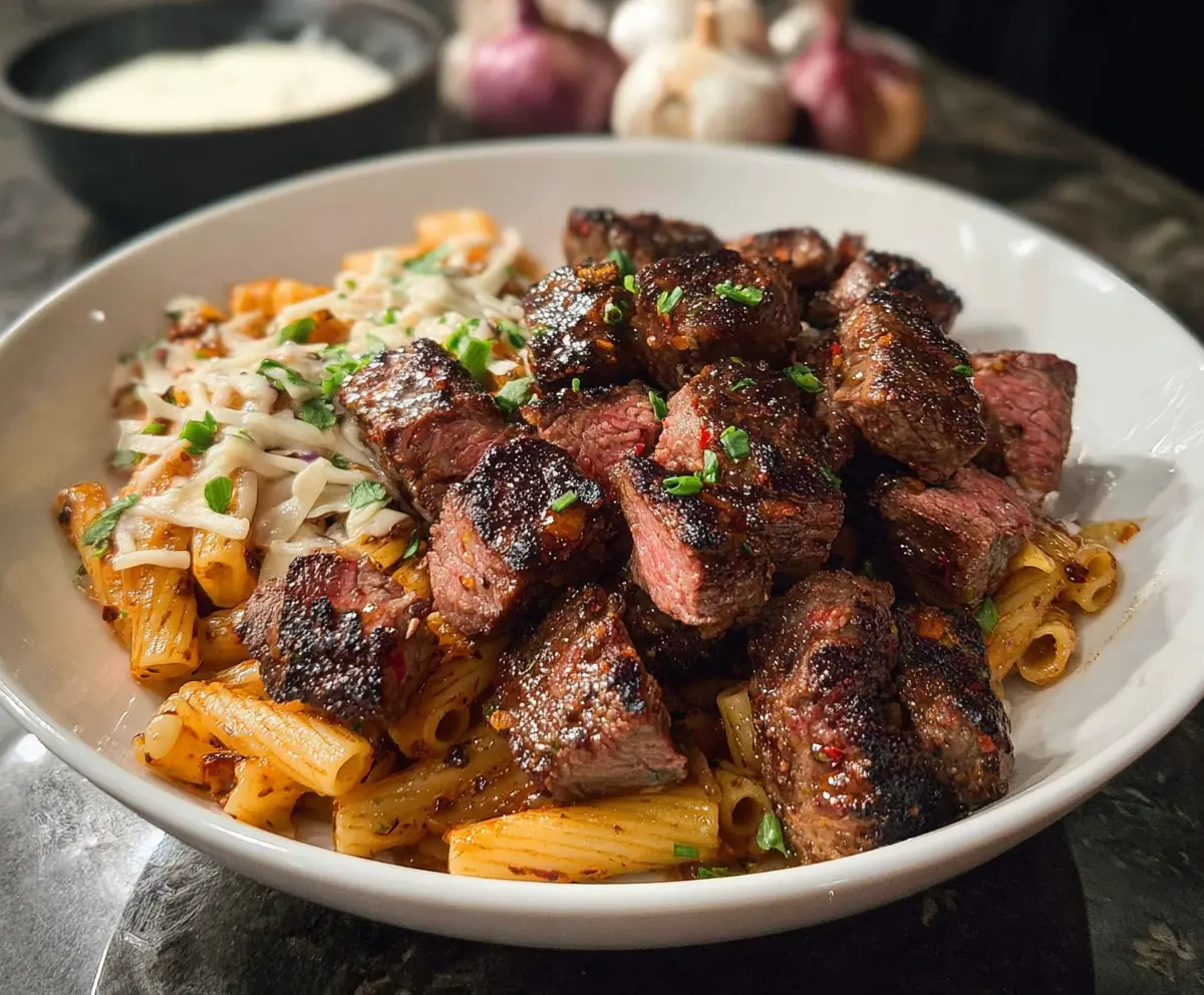 Garlic Butter Steak Bites with Cheesy Mozzarella Rigatoni