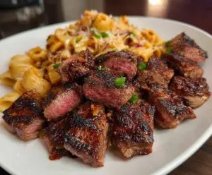 Delicious garlic butter steak bites served with cheesy mozzarella rigatoni, perfect for a hearty Italian-inspired meal.