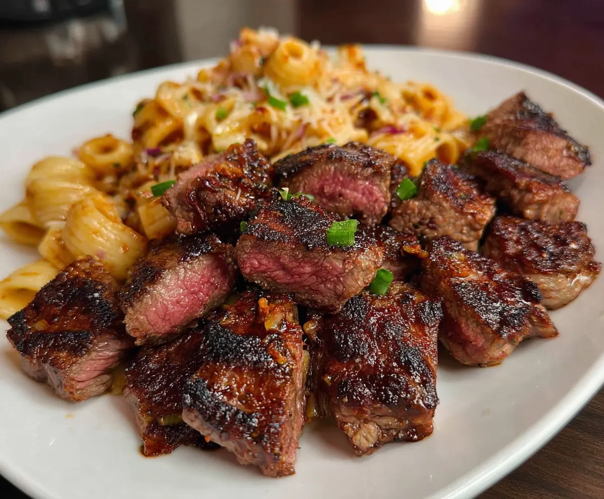 Delicious garlic butter steak bites served with cheesy mozzarella rigatoni, perfect for a hearty Italian-inspired meal.