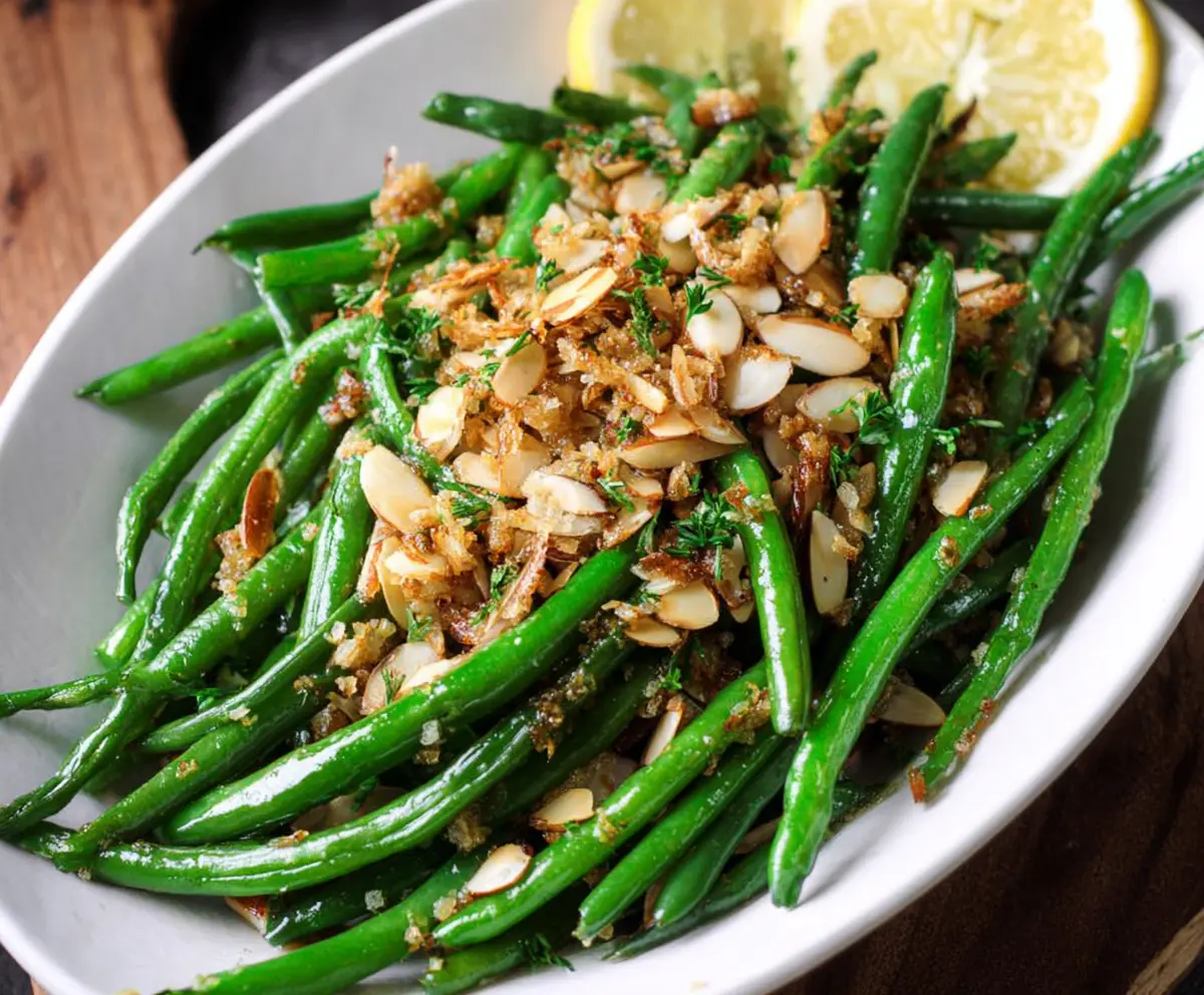 Delicious Green Bean Almondine with toasted almonds and fresh green beans, perfect as a healthy side dish.