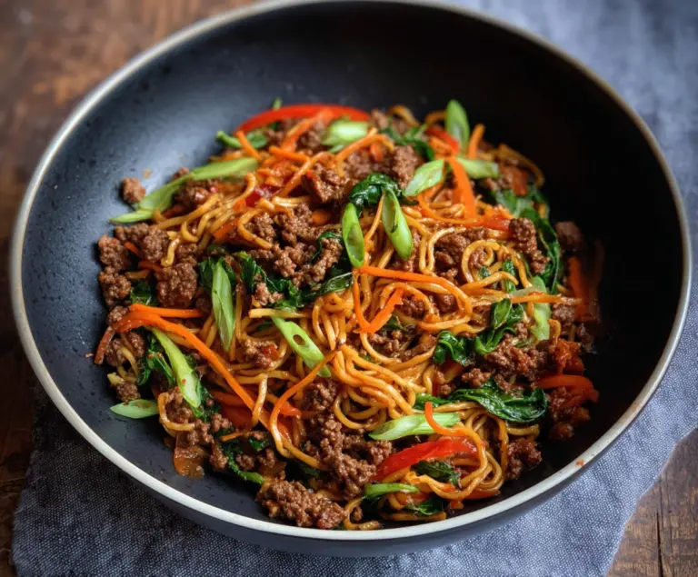 Delicious Ground Beef Chow Mein with fresh vegetables and savory sauce, perfect for Whole30 diet.