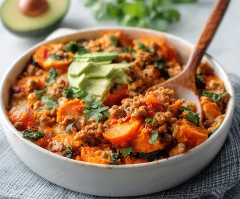 Delicious ground turkey and sweet potato bake with fresh herbs on a white plate.
