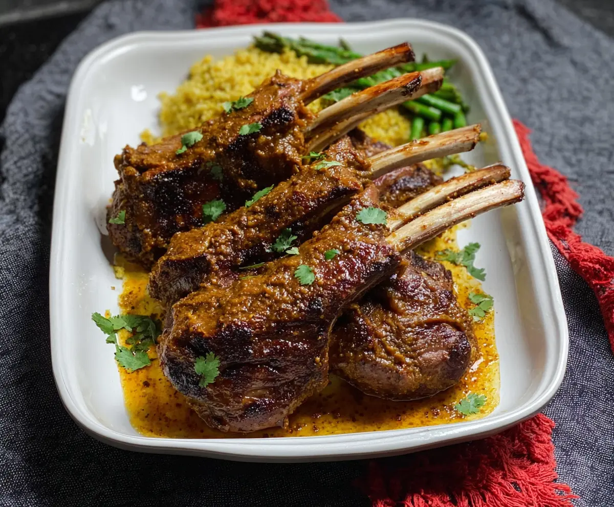 Delicious Instant Pot curried rack of lamb served with vibrant vegetables.