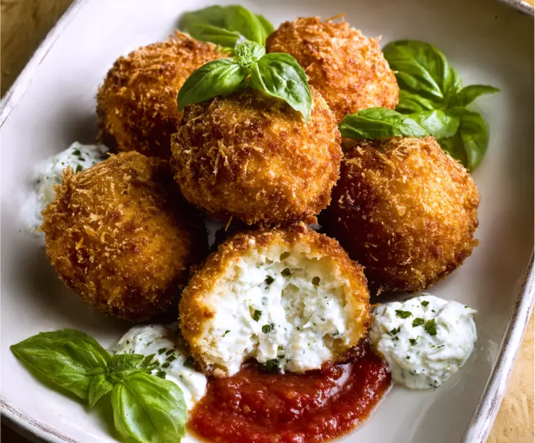 Golden Italian Rice Balls filled with cheese, served on a rustic wooden table.
