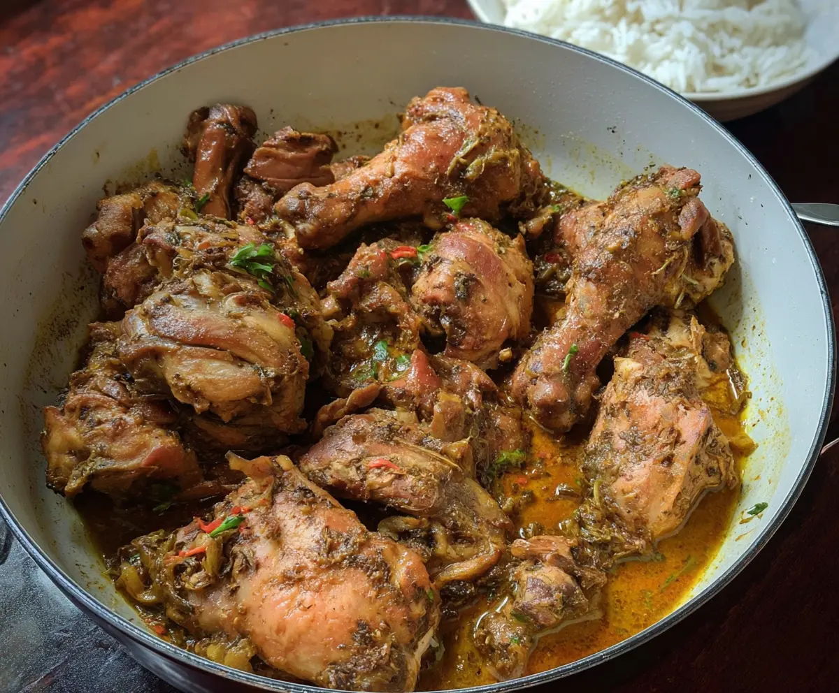 Delicious Jamaican Fricassee Chicken served with vibrant vegetables and flavorful spices.