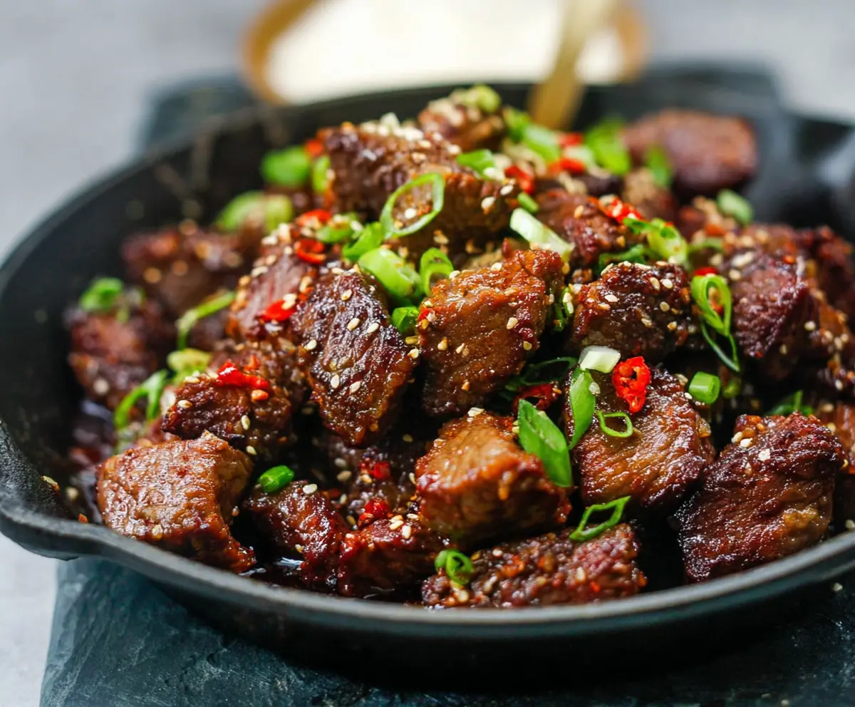 Delicious Korean Steak Bites served on a plate with garnishes, perfect for a flavorful appetizer or snack.
