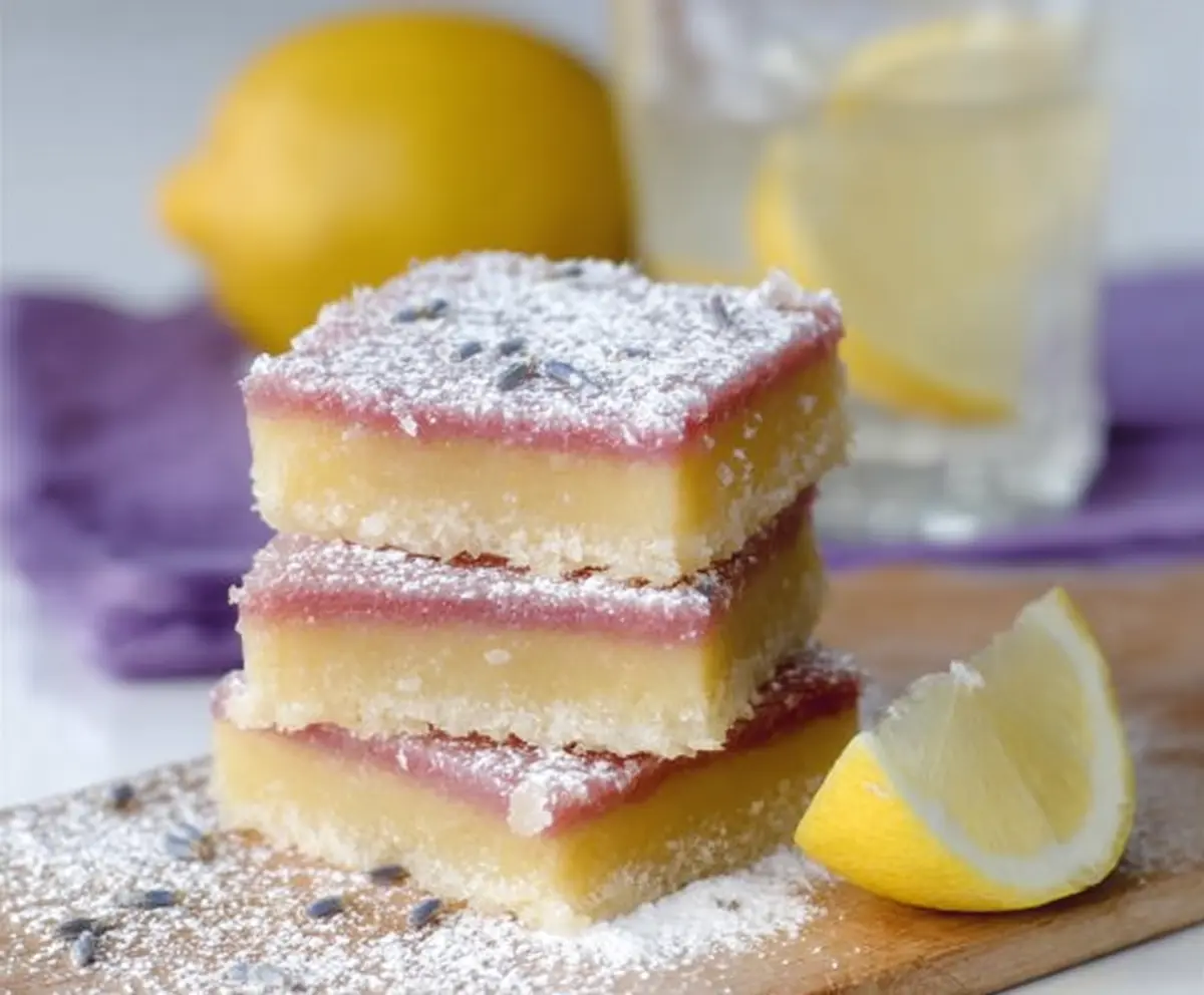 Delicious Lavender Lemon Bars on a white plate with fresh lavender sprigs and lemon slices.