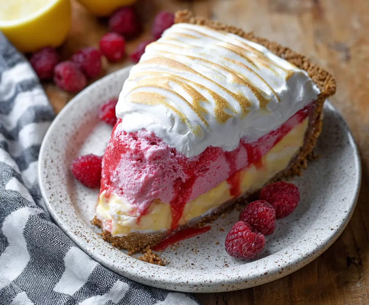 Delicious Lemon Raspberry Pie with fresh raspberries and a zesty lemon filling on a rustic wooden table.