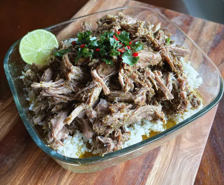Delicious Mojito Pulled Pork served with fresh herbs and lemon slices.