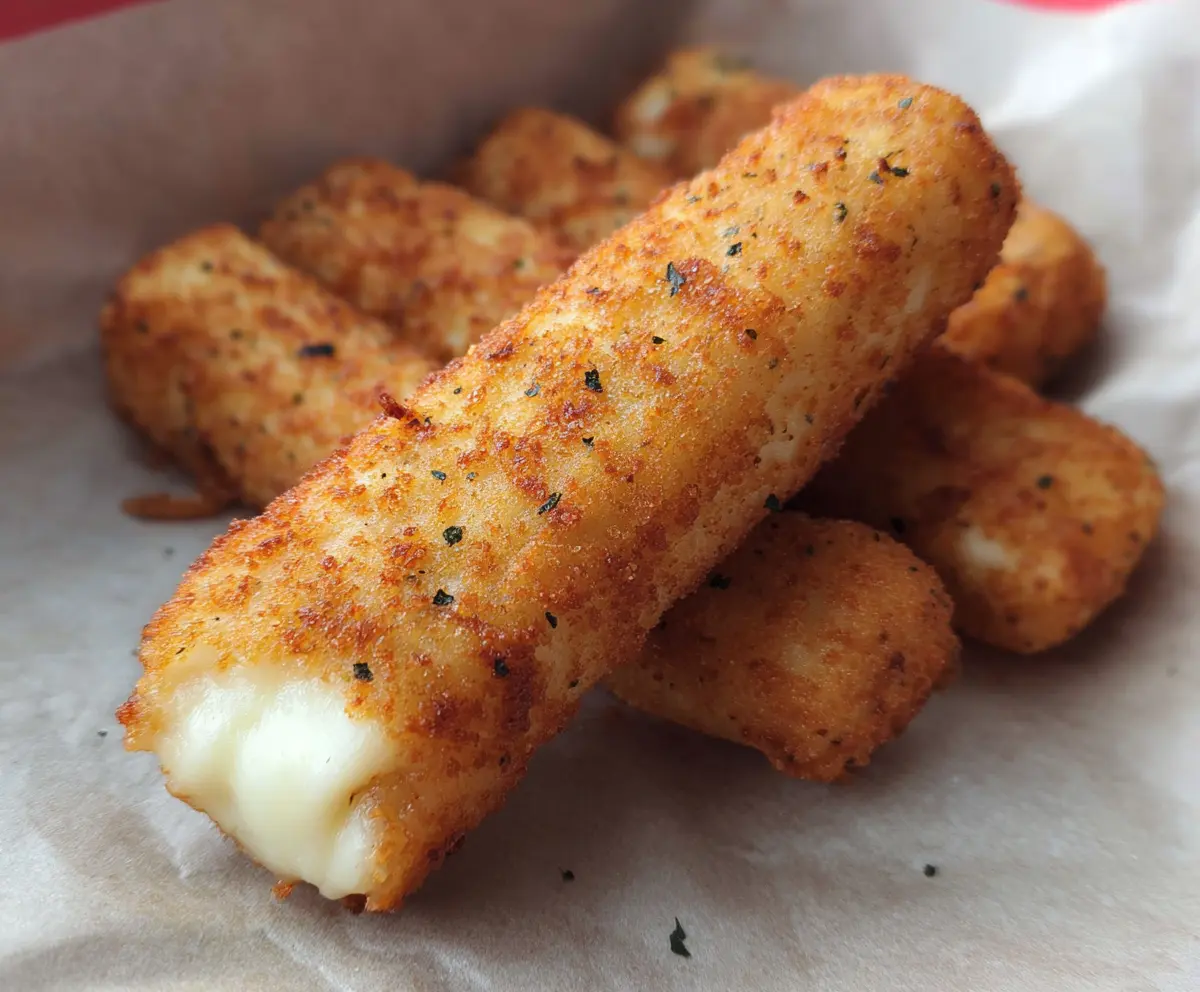 Golden mozzarella sticks with crispy breadcrumb coating, perfect for snacks and appetizers.
