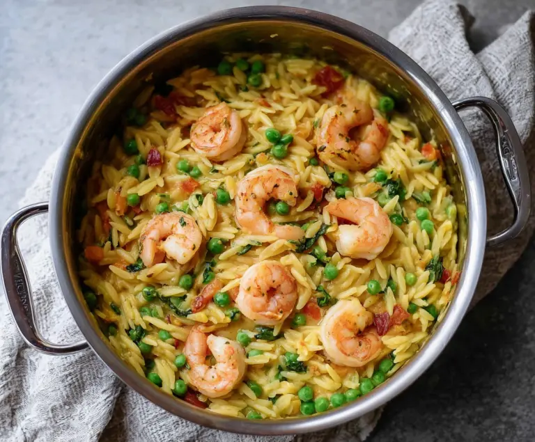 Delicious one pot pea and shrimp orzo dish garnished with herbs, perfect for a quick dinner.