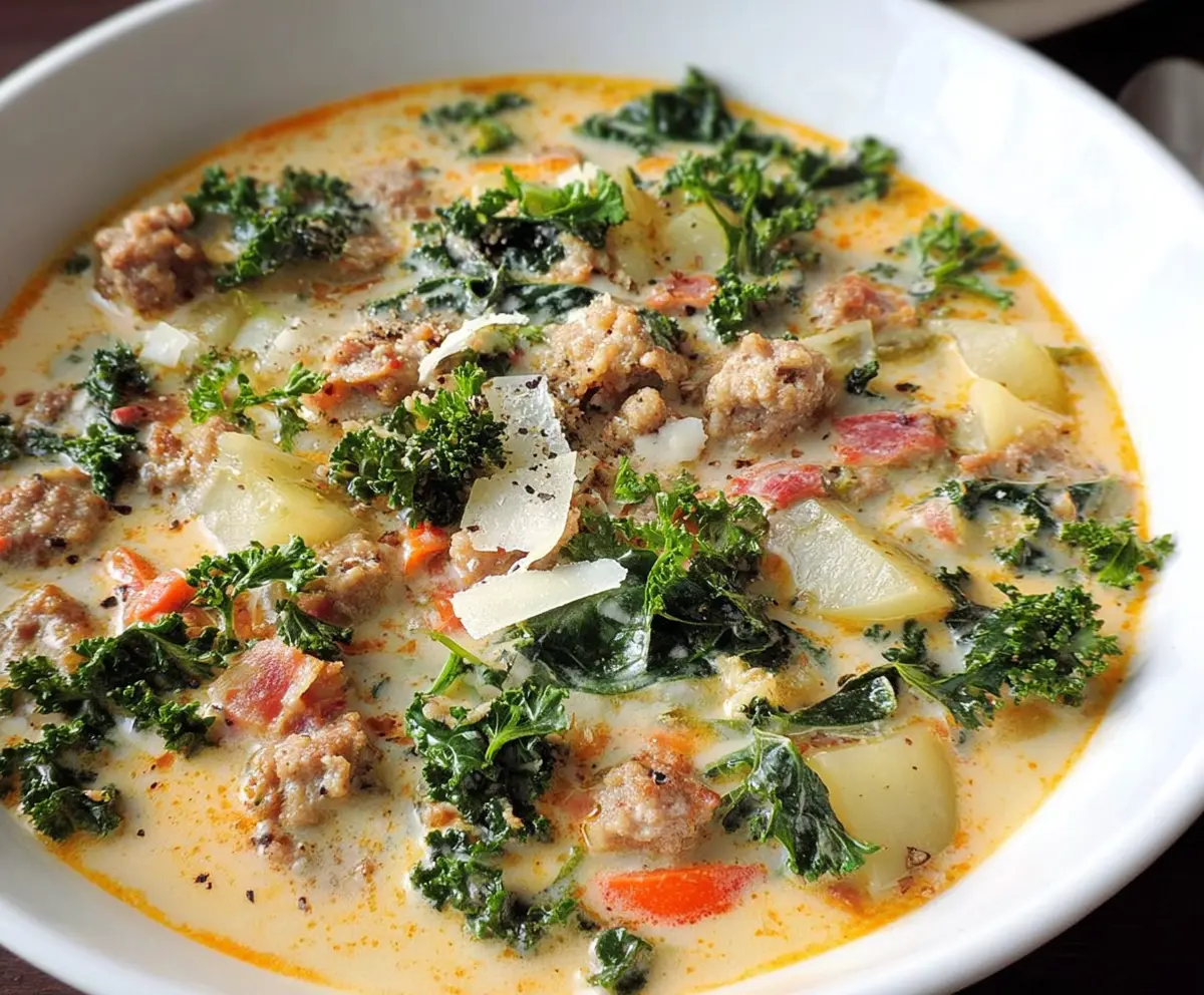 Delicious Paleo Creamy Dreamy Sausage and Kale Soup in a rustic bowl, garnished with fresh herbs for a hearty meal.