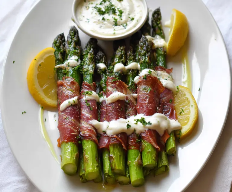 Delicious prosciutto-wrapped asparagus spears topped with a tangy lemon cream sauce.