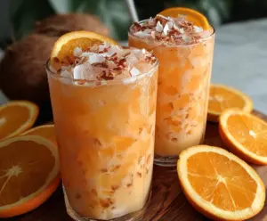 Vibrant image of a Refreshing Coconut Orange Glow cocktail garnished with fresh orange slices and shredded coconut.
