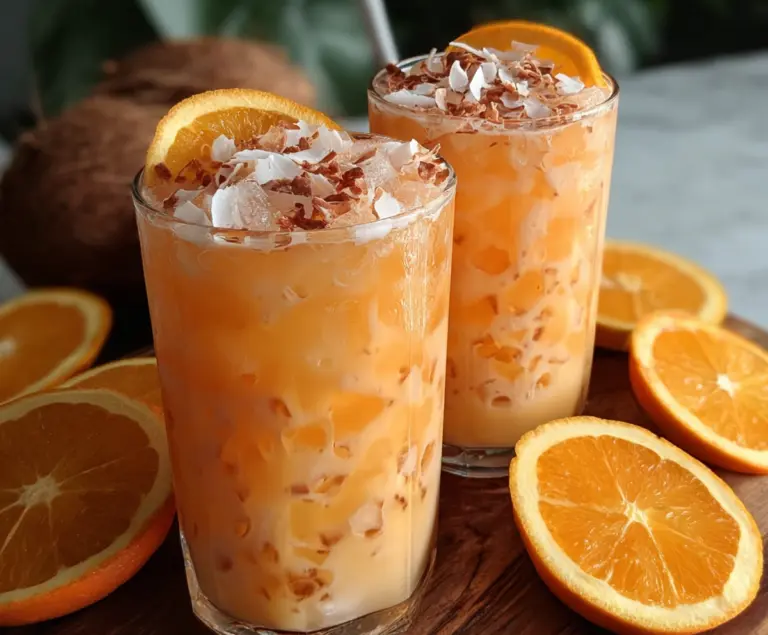 Vibrant image of a Refreshing Coconut Orange Glow cocktail garnished with fresh orange slices and shredded coconut.