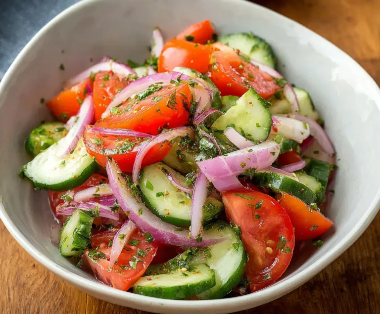 Vibrant cucumber, tomato, and red onion salad perfect for summer refreshment.