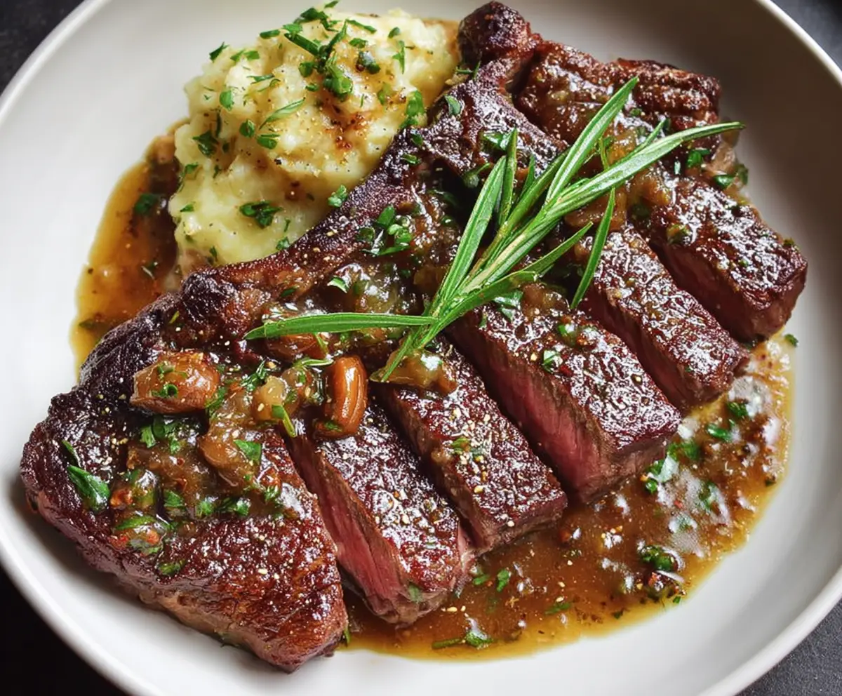 Juicy ribeye steak topped with a flavorful roasted garlic pan sauce served on a wooden cutting board.