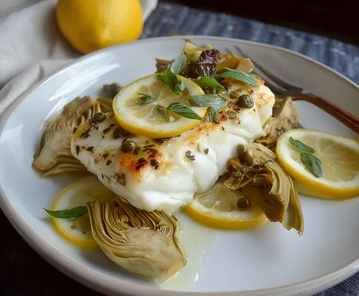Delicious roasted halibut with artichokes and lemon on a plate, showcasing a healthy seafood dish.