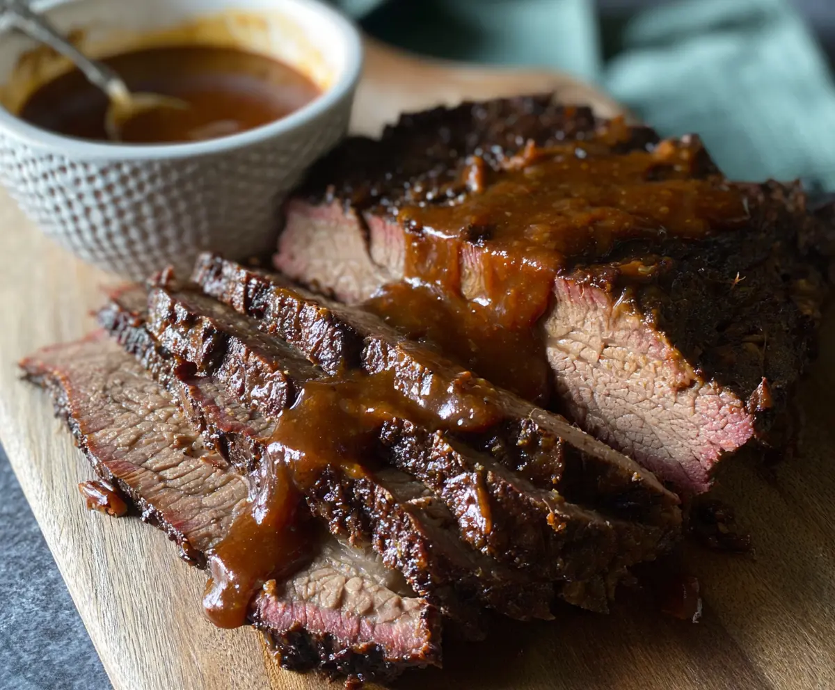 Slow Cooker Brisket with tender, flavorful meat and vegetables served on a plate.