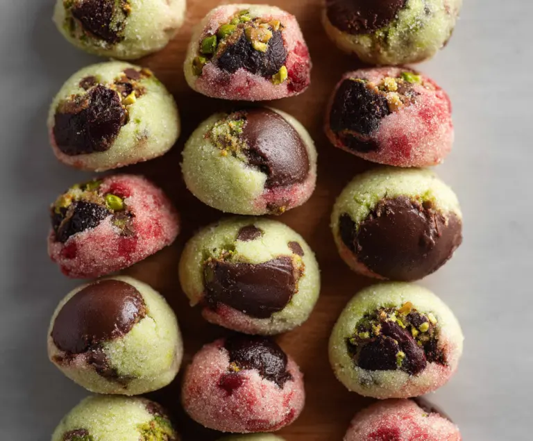 Colorful spumoni cookies with cherry, pistachio, and chocolate flavors on a decorative plate.
