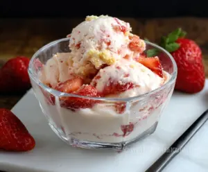 Creamy strawberry cottage cheese ice cream served in a bowl, highlighting a high-protein, low-carb dessert.