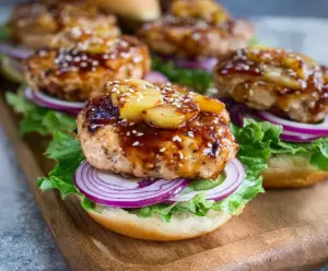 Juicy Teriyaki Chicken Burgers topped with fresh lettuce and sesame seeds on a bun